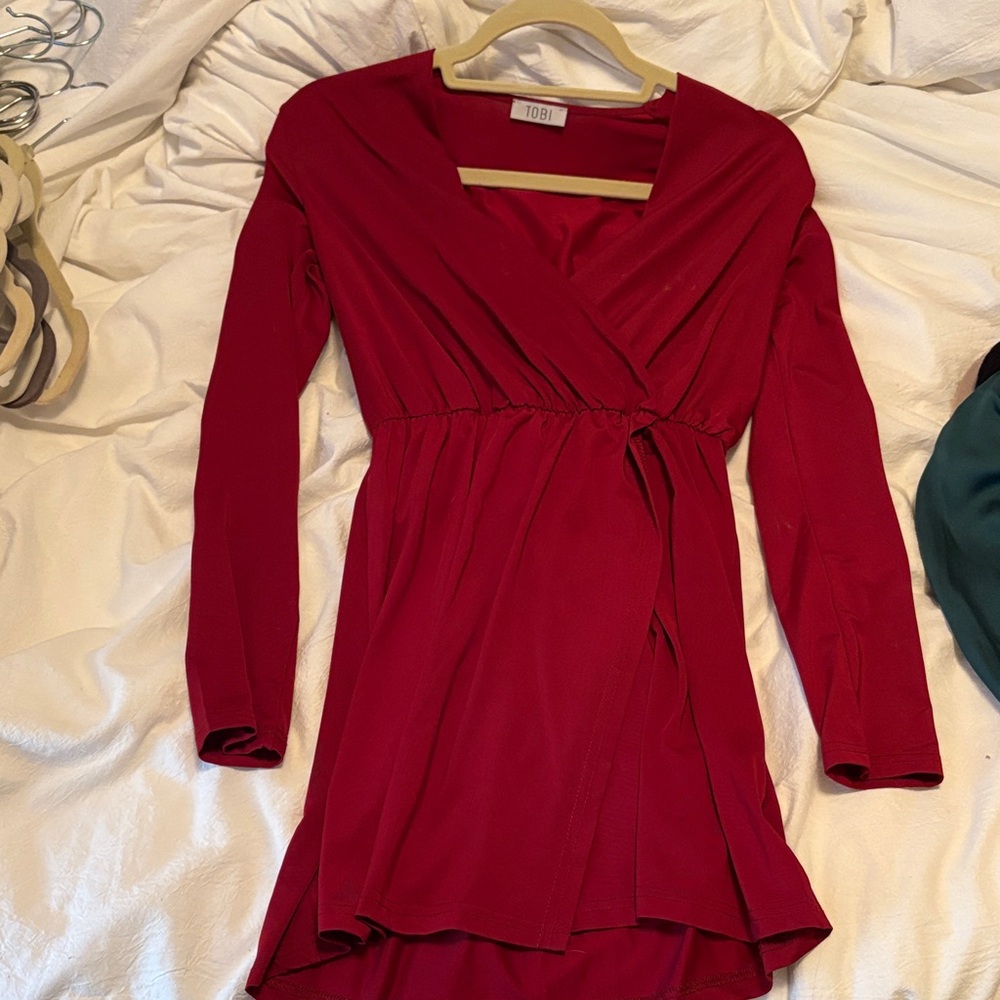 Tobi Red Long-Sleeve Wrap Tunic Dress